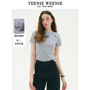 TeenieWeenie小熊奥莱女装 T恤2025春夏新款 美式 镂空胸针圆领短袖