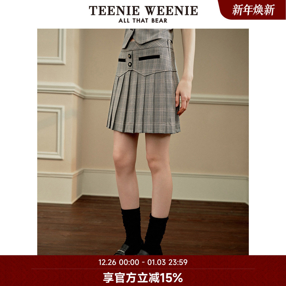 TeenieWeenie小熊奥莱秋季学院风时髦格纹百褶裙半身裙子