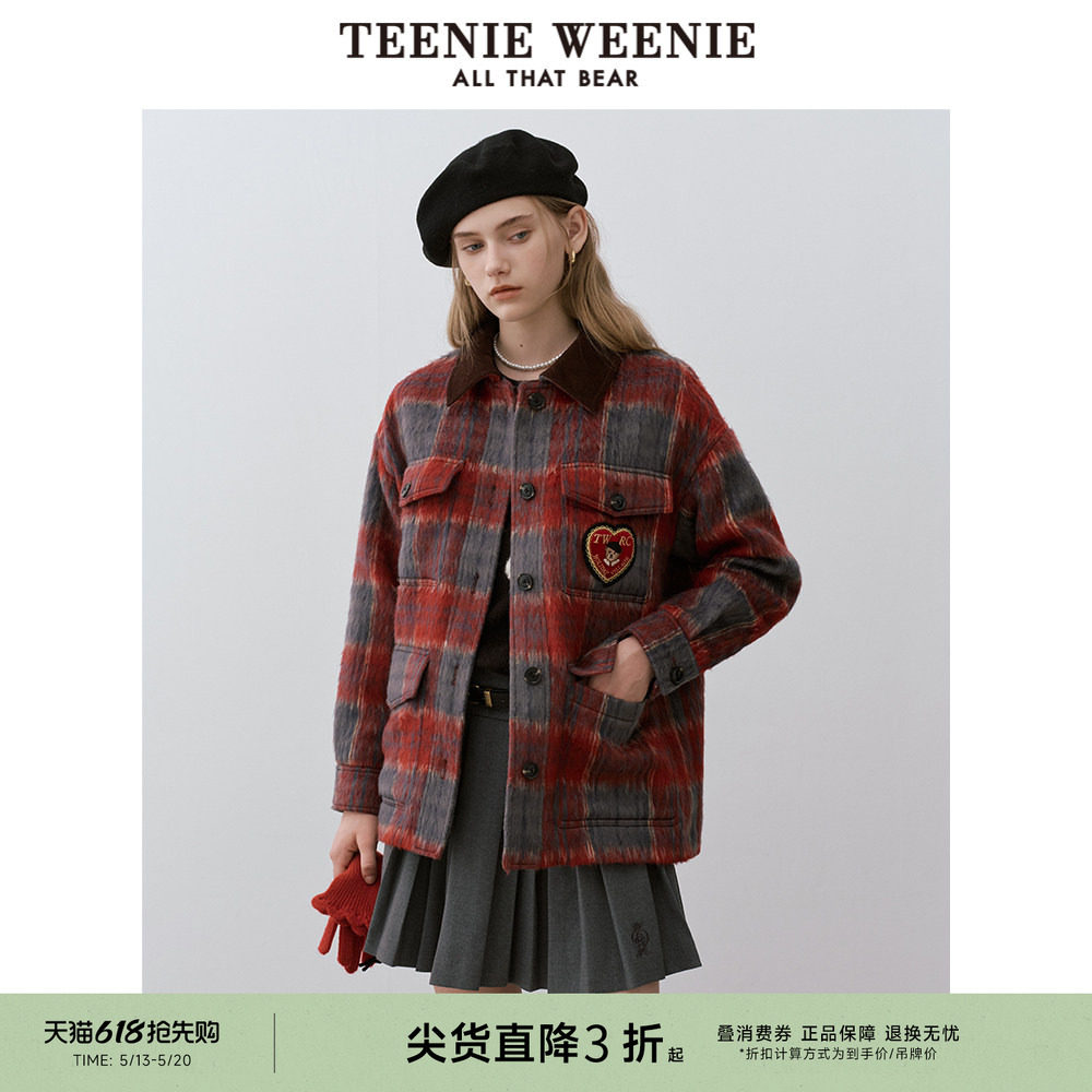 TeenieWeenie小熊奥莱格纹毛呢大衣冬季翻领可爱刺绣外套