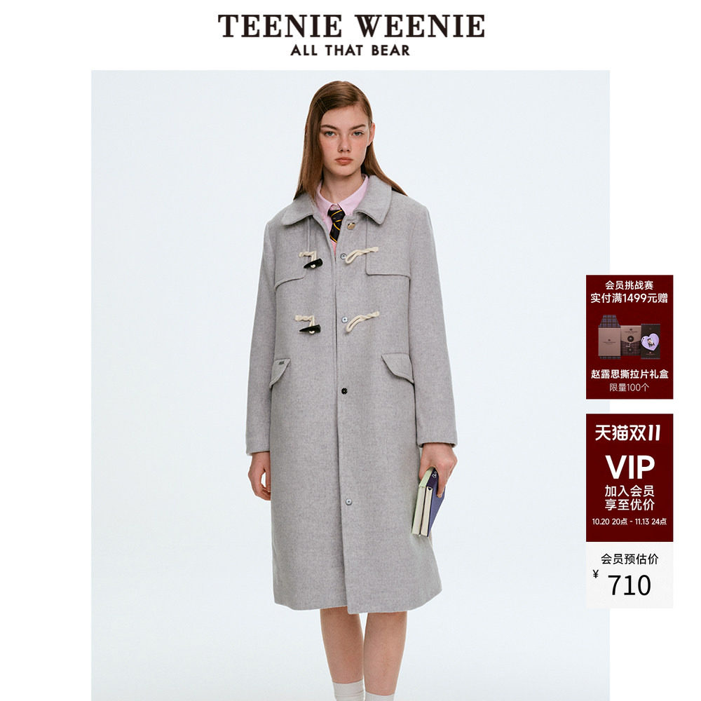 TeenieWeenie小熊奥莱中长款毛呢大衣女冬季学院风牛角扣呢子外套