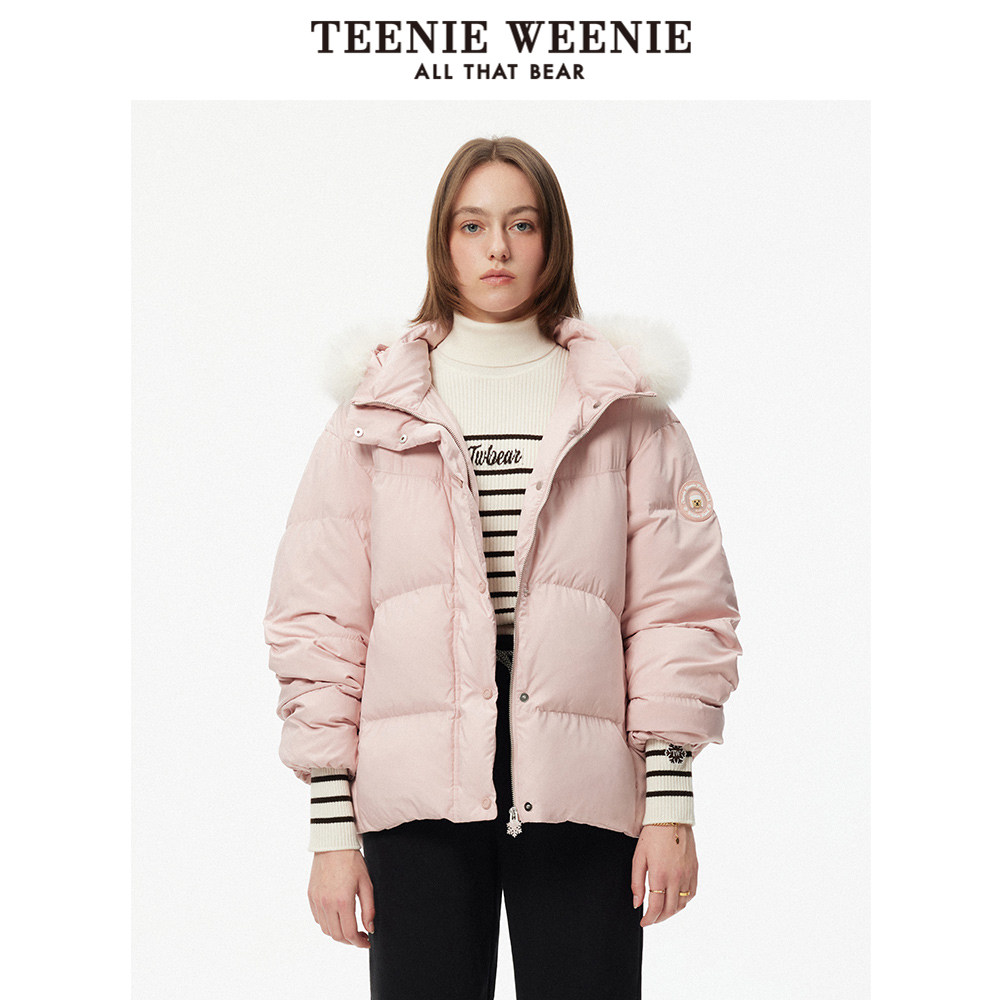 TeenieWeenie小熊奥莱简约连帽毛领羽绒服冬季系带收腰保暖外套