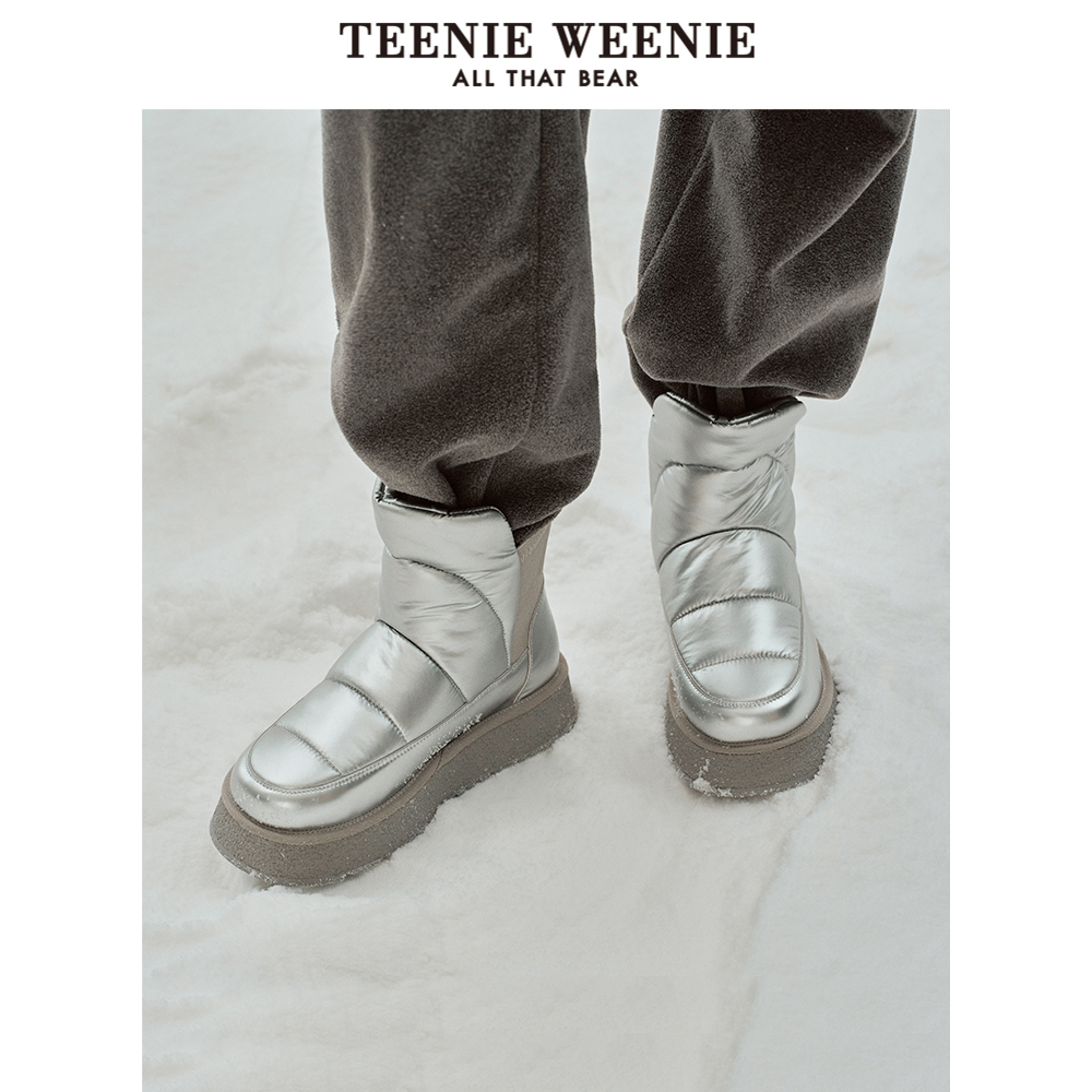TeenieWeenie小熊奥莱女鞋雪地靴女冬季银色厚底短靴加绒保暖