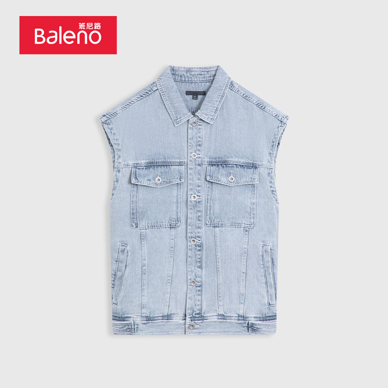 班尼路夏季新款圆领纯棉休闲百搭个性潮流酷帅牛仔夹克背心外套男