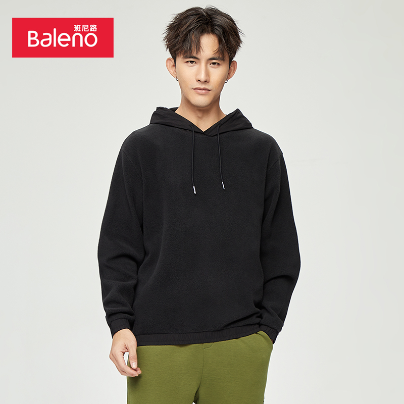 班尼路春季季新品男装休闲保暖oversize布绒拼接梭织连帽卫衣潮流