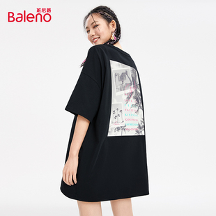 圆领印花短袖 女装 T恤裙子宽松街头简约百搭 新款 班尼路2024春季