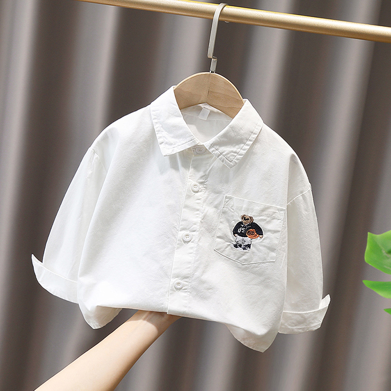 小童休闲长袖白衬衫男女童2025春秋装宝宝舒适上衣韩版儿童衬衣潮