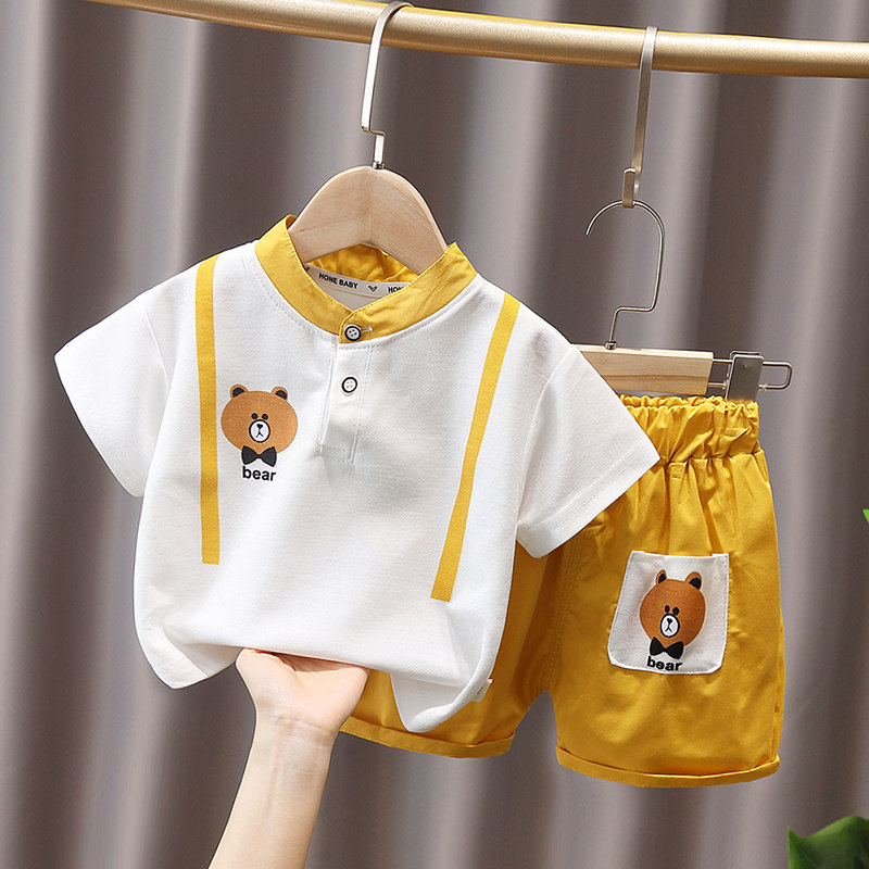 儿童时尚卡通小熊短袖套装男女童2026夏季宝宝透气韩版小童两件套