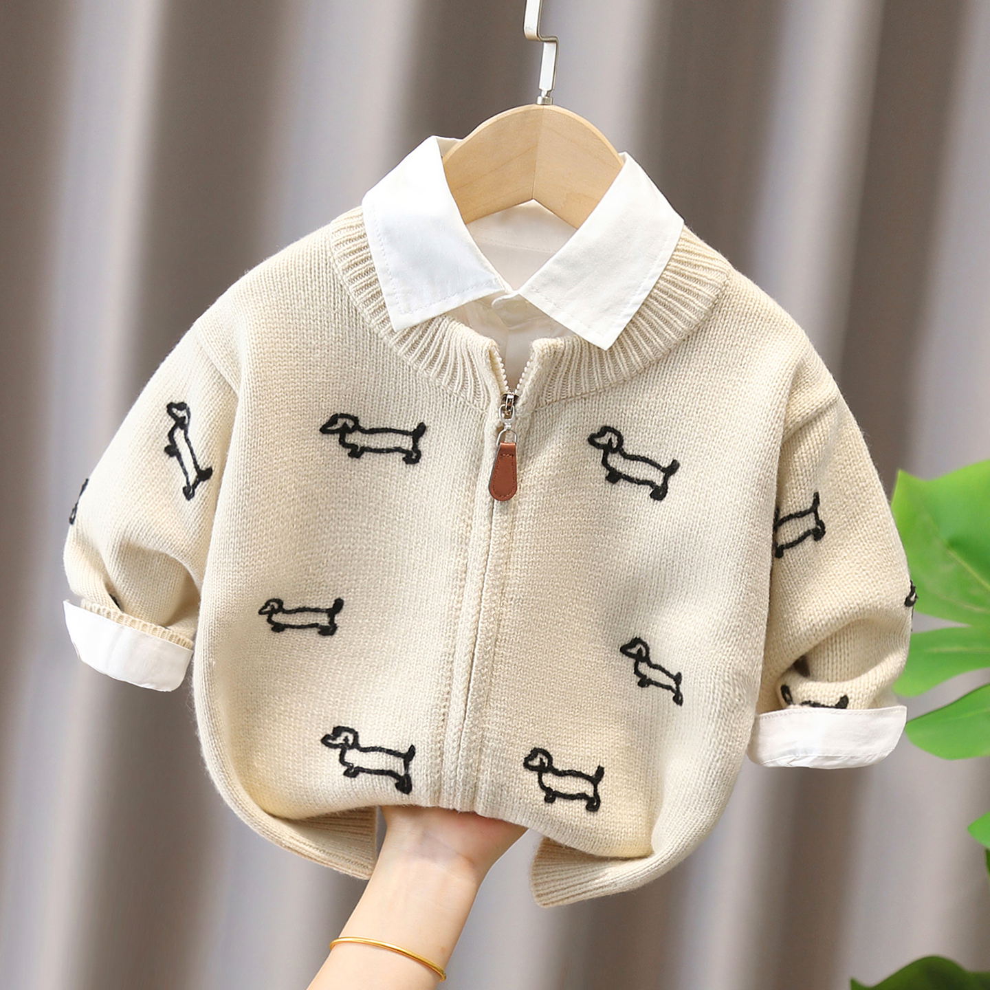 儿童可爱刺绣小狗针织开衫男女童