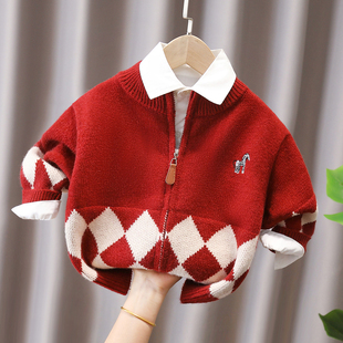 小童喜庆菱格针织开衫男女童2025秋冬装宝宝年服儿童红色毛衣外套