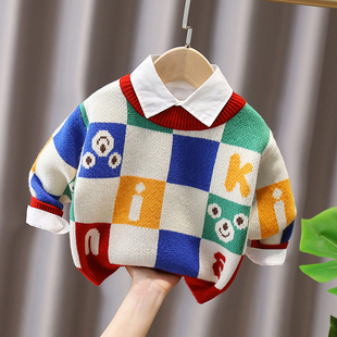 儿童洋气方块格子加厚毛衣男女童2025秋冬宝宝卡通针织衫小童线衣