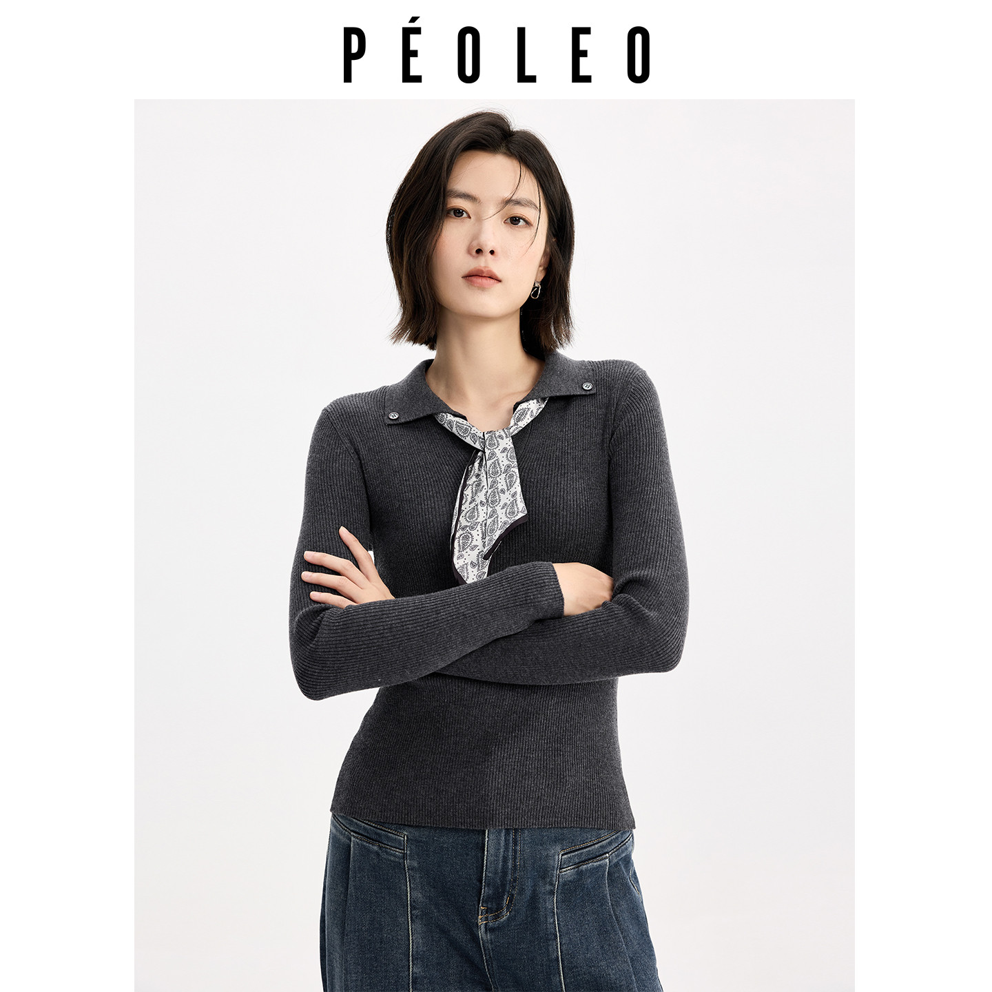 飘蕾多色翻领毛衣2025年冬季新款丝巾搭配气质显瘦绵羊毛通勤上衣