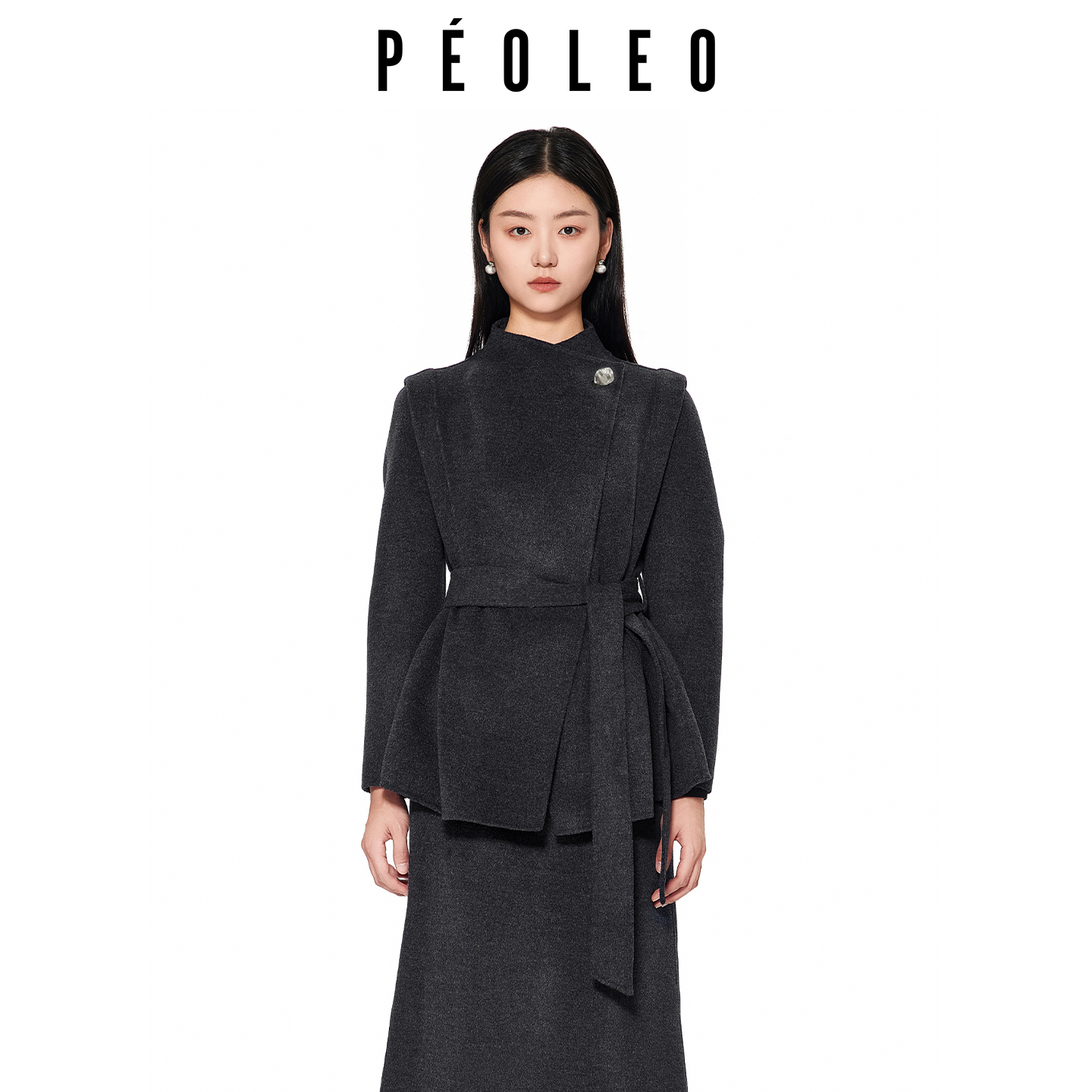 飘蕾深灰翻领双面呢大衣2025冬季新款气质系带收腰御姐范羊毛外套