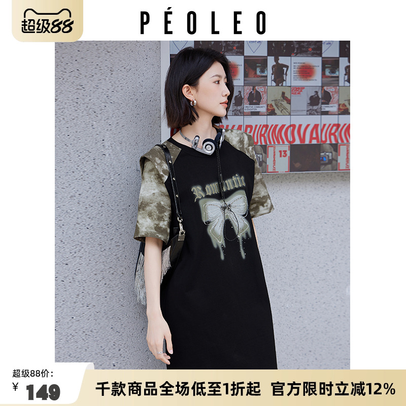飘蕾T恤短裙2025夏日新品蝴蝶印花短袖圆领套头宽松透气连衣裙女