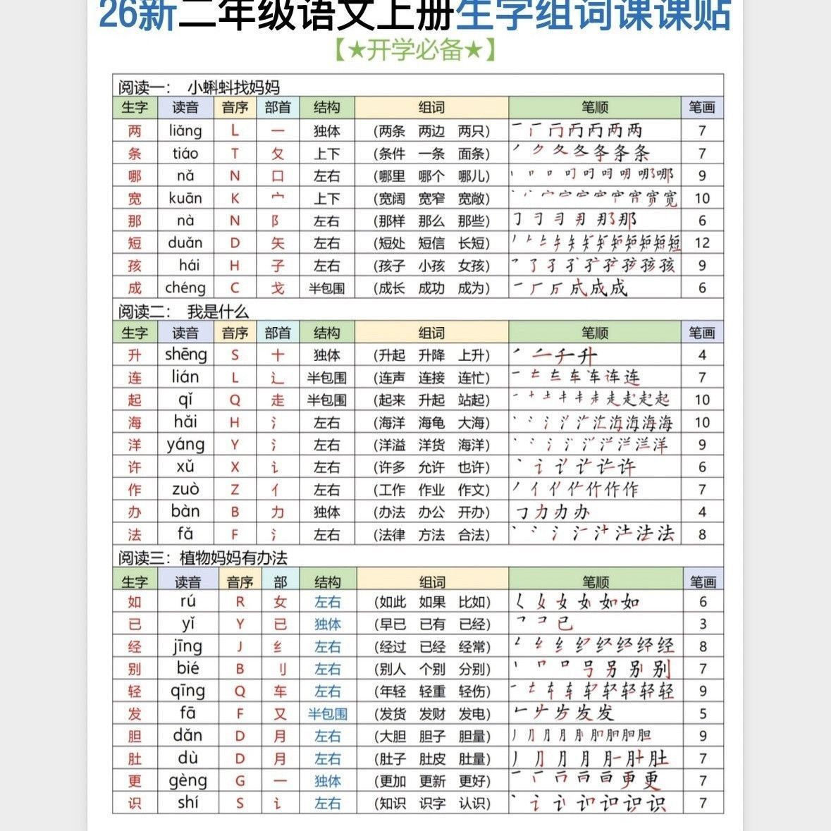 26秋二年级上册语文生字