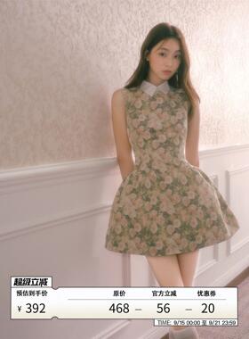 RECIT 玫瑰油画衬衫领无袖连衣裙女秋装千金风蓬蓬修身收腰背心裙