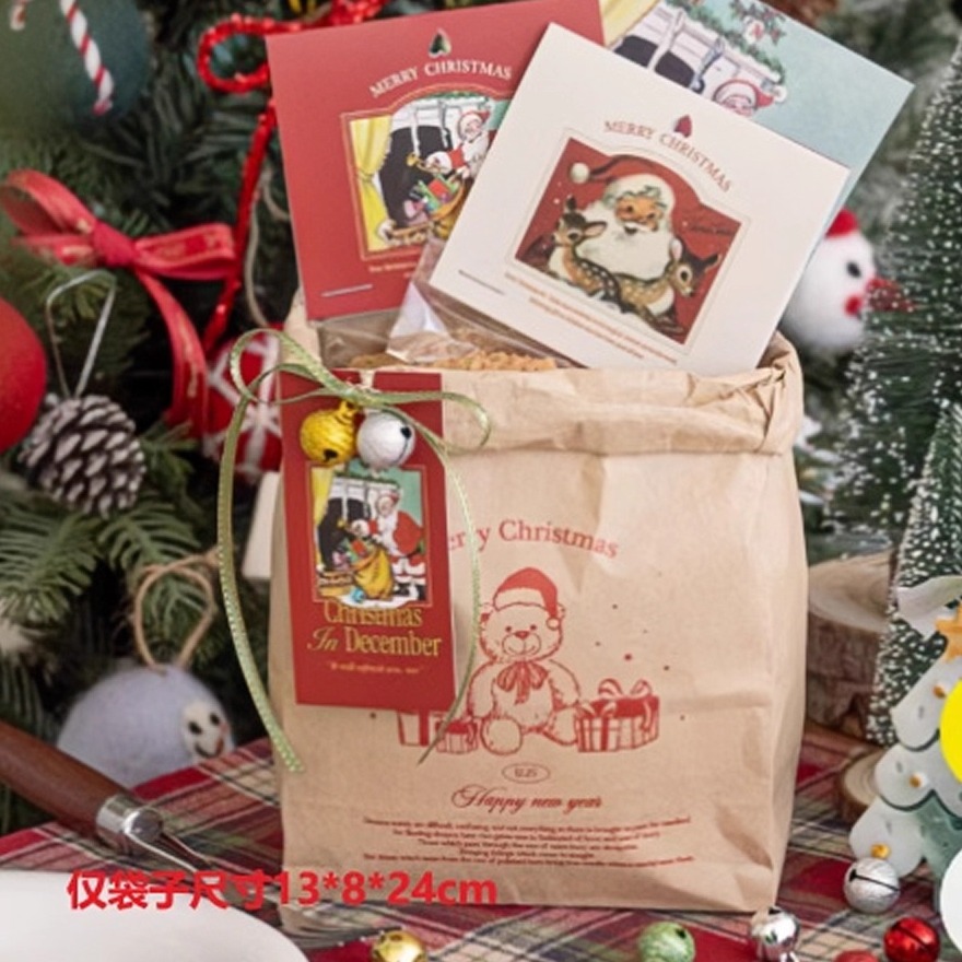 2026圣诞节糖果牛皮纸袋礼包装纸袋饼干零食雪花酥卡头手提自立袋