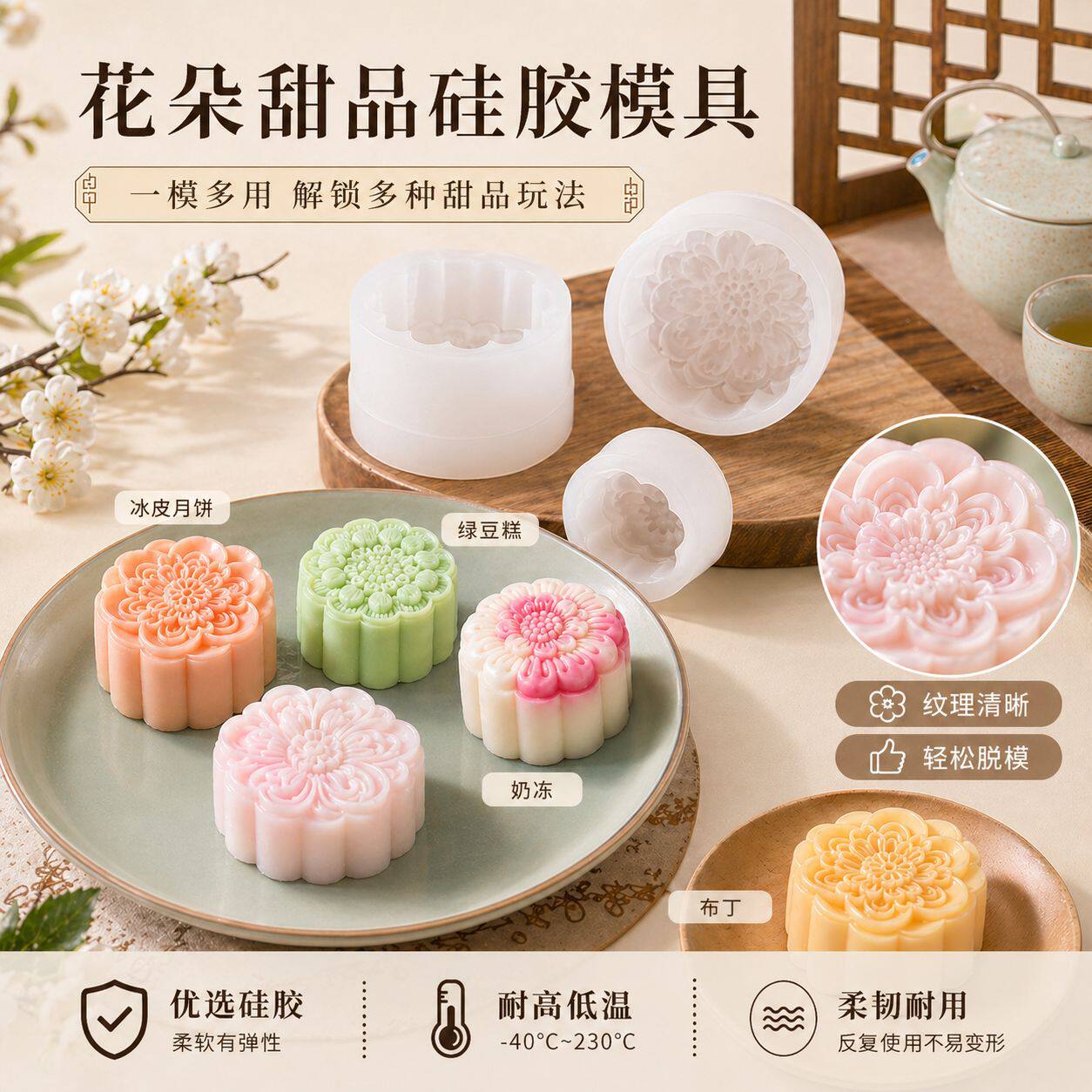 中秋节月饼硅胶模具DIY花型莲花冰淇淋果冻绿豆糕点凤梨酥模