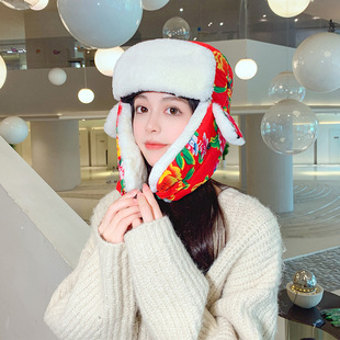 东北大花布雷锋帽女冬季保暖加厚护耳儿童棉帽复古可爱火车头帽子