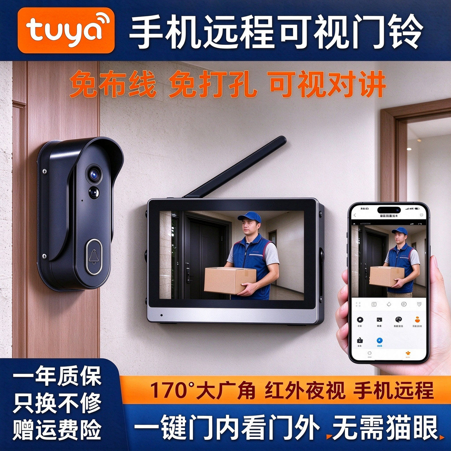无线智能可视门铃家用监控带显示屏WiFi摄像头涂鸦tuya猫眼手机远程语音高清夜视电池长续航大广角门口防水