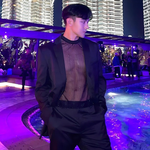 欧美男装性感男士T恤网纱薄款透明时尚夜店派对打底衫闪亮短袖潮