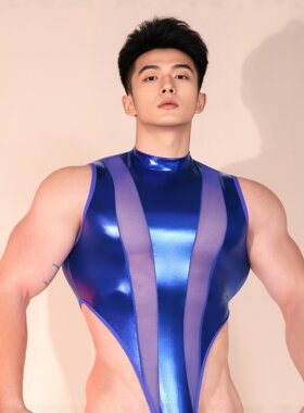 男士性感透视网纱拼接塑身连体衣