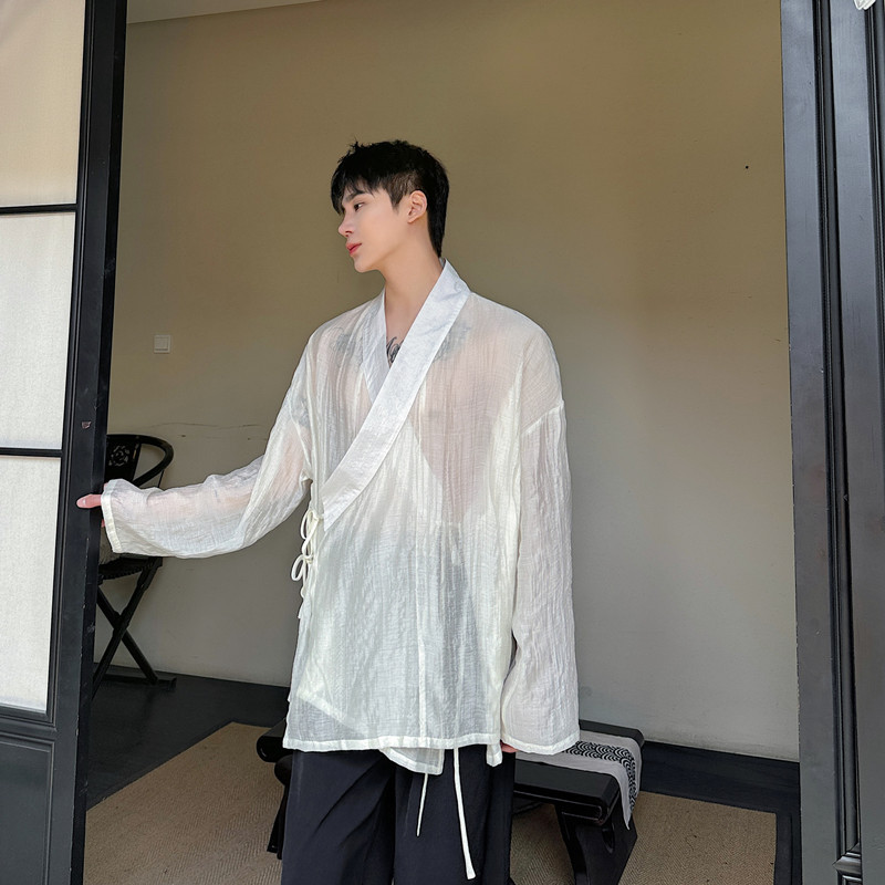 超薄透明长袖斜襟系带上衣衬衫男士中国风汉服衬衣黑色白色简约潮