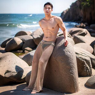 手勾针织性感透明青春纯色男生流行沙滩裤 镂空长裤 渔网 休闲裤 男士