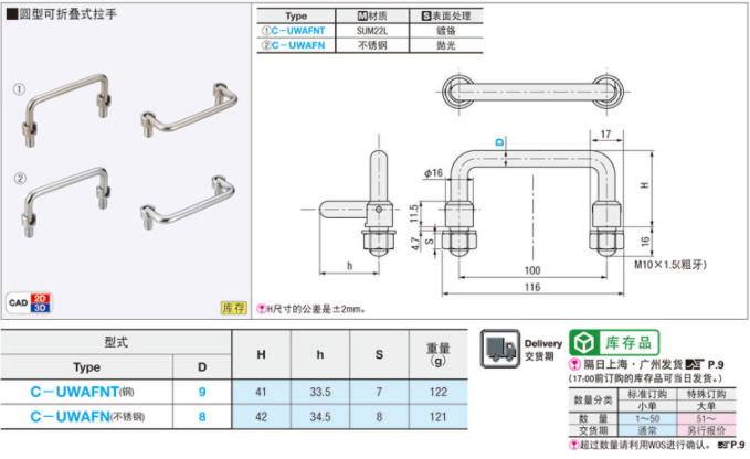 不锈钢圆棒折叠型拉手替代 C-UWAFN8工业设备可折叠式把手