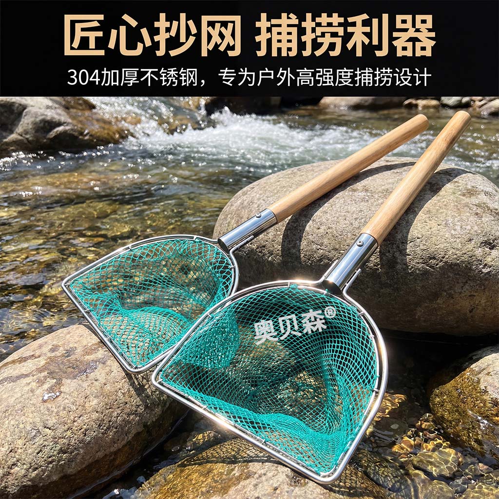 304平头双圈带木杆手柄抄网不锈钢方形卖鱼螺蛳操网赶海捞鱼网兜