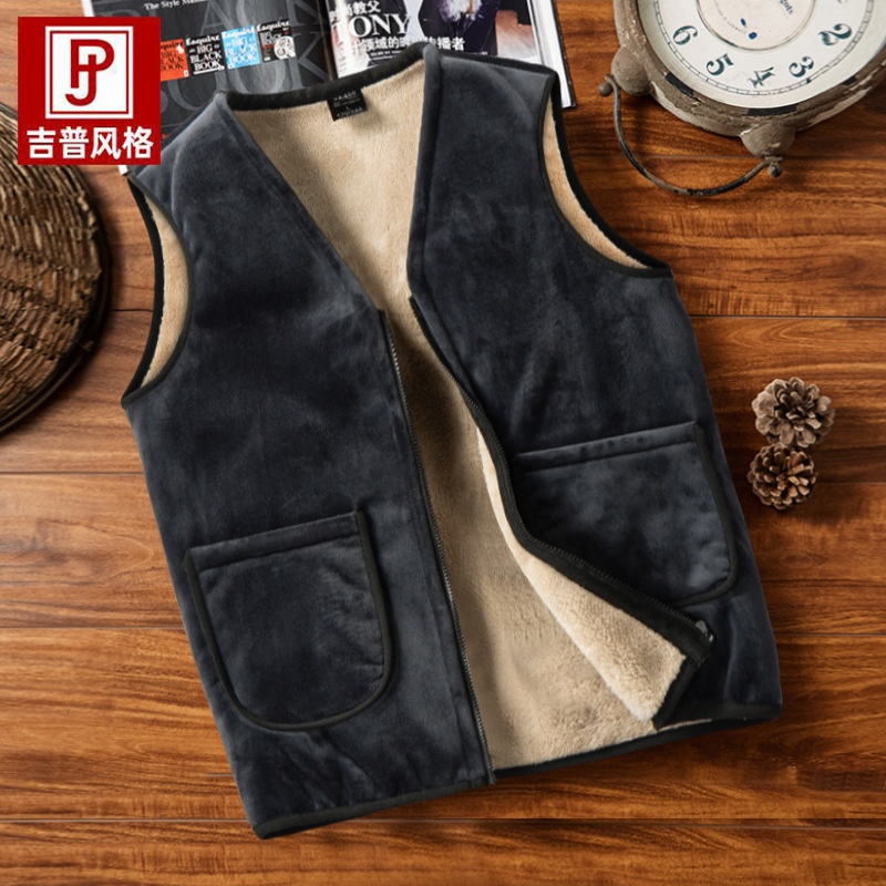 跨境羊羔绒保暖背心大码坎肩V领男装外套马甲男秋冬男士加绒马甲