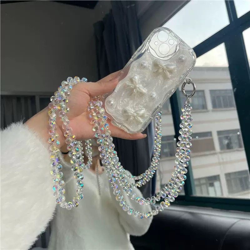 奢华高级感水晶串珠手提链斜跨长挂绳带夹片壳钥匙扣包包挂件