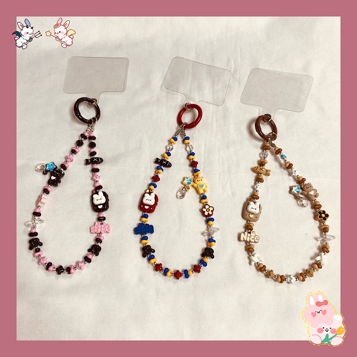 卡通合金兔子链黑粉甜酷风彩色花生珠小熊包包挂饰钥匙扣挂件