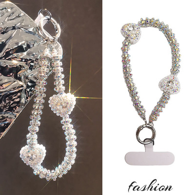 手机挂绳短款奢华爱心宝石手腕挂链高级感女神水钻吊坠夹片壳结实