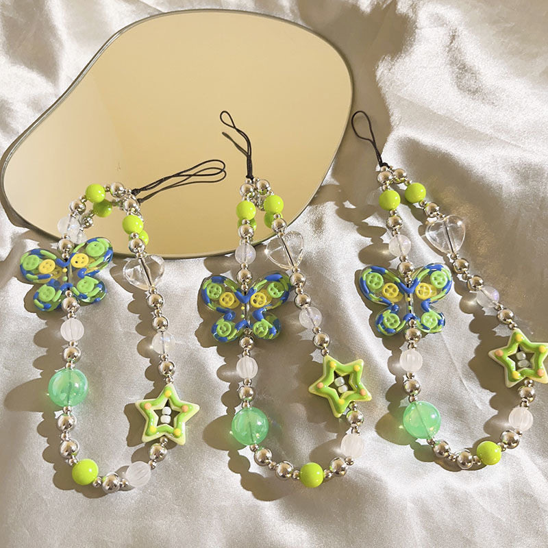 小清新蝴蝶状珠珠手机链条绿色挂链挂绳潮流ins包包星星手串配饰