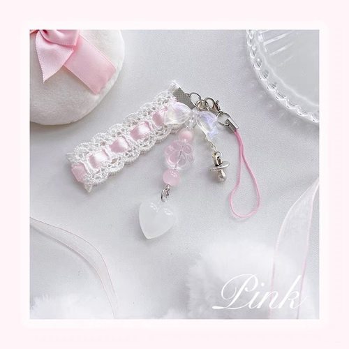 原创蝴蝶结爱心可爱少女心串珠手机壳链装饰手机挂件手工挂饰链