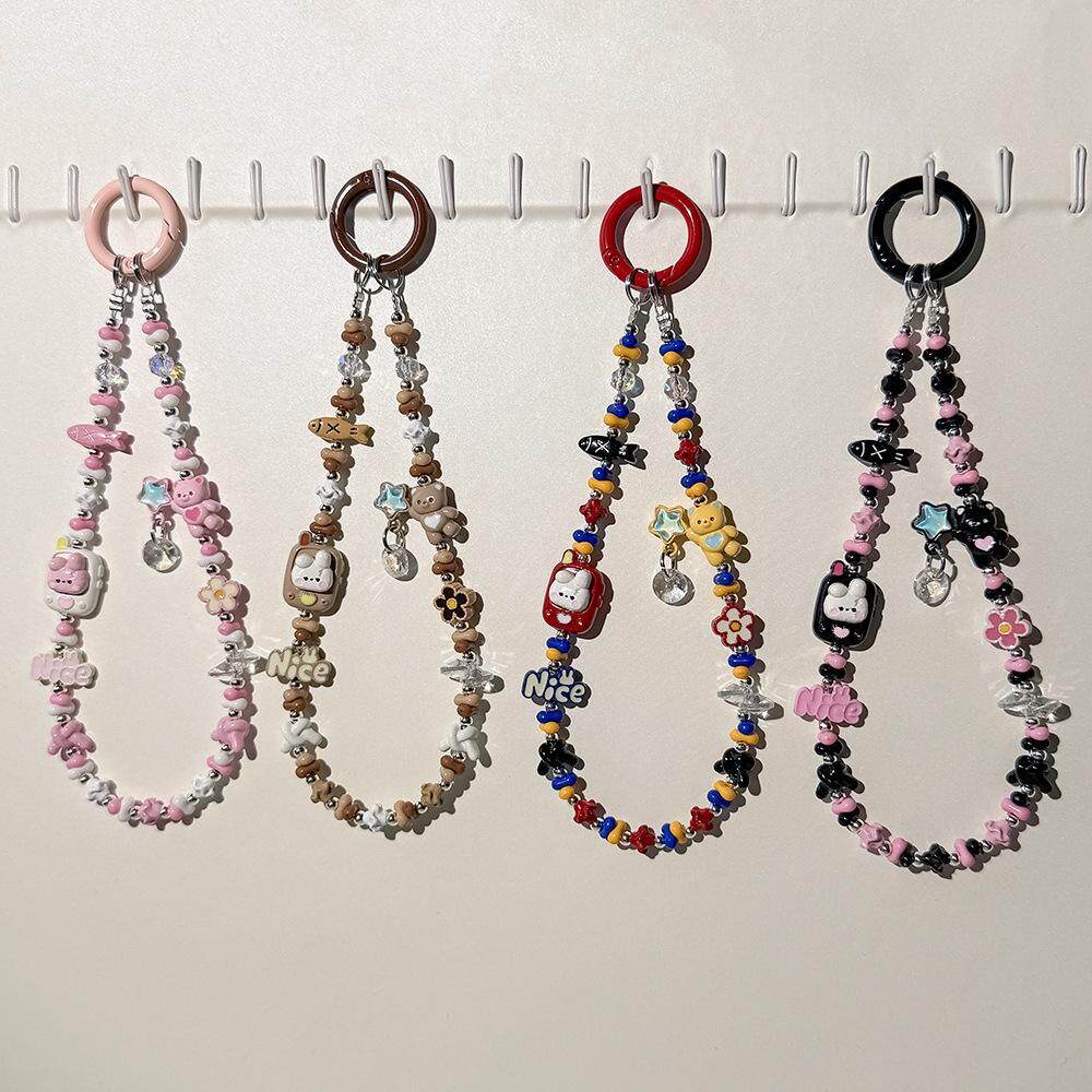卡通合金兔子链黑粉甜酷风彩色花生珠小熊包包挂饰钥匙扣挂件