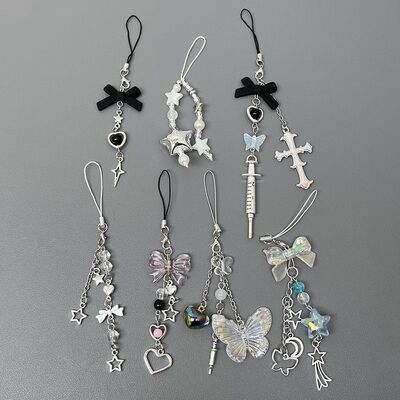 ins甜酷风钥匙扣手机绳十字架针筒挂件个性创意蝴蝶结链耳机套包
