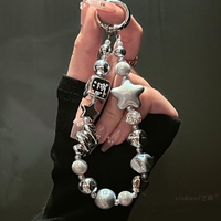 個性創(chuàng)意銀色電鍍水鉆珠子手提鏈?zhǔn)滞蠖虙炖K手機(jī)殼包包鑰匙扣掛件