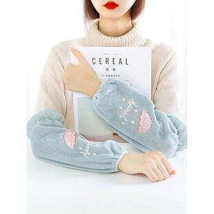 保暖秋冬绒布长款袖套刺绣男女韩版可爱学生防污护袖羽绒服袖筒袖