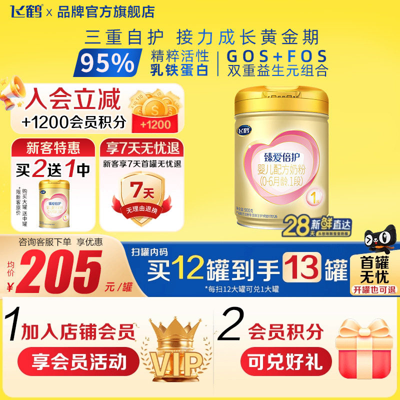 入会送好礼】飞鹤臻爱倍护1段超级飞帆900g1罐新生儿牛奶粉一段