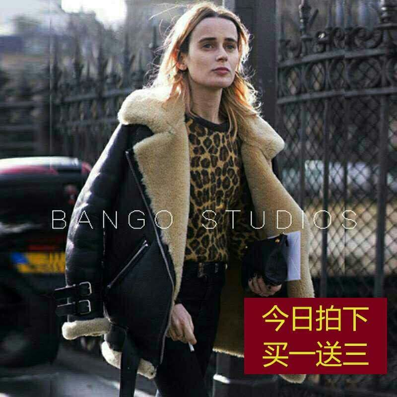 Europe sherpa fur aviator leather motorcycle jacket female lovers loose thick padded jacket winter