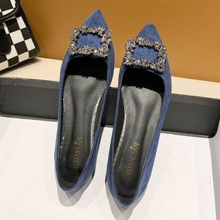 平底水钻方扣单鞋 浅口尖头软底职业工作鞋 时尚 女2025春夏季 女 新款