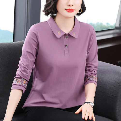 妈妈秋装翻领长袖T恤杉2025新款中老年女装减龄宽松POLO领打底衫