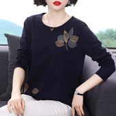 纯棉刺绣新款 宽松休闲女上衣打底衫 长袖 中老年女装 T恤衫 妈妈春季