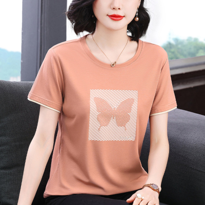 妈妈装2025夏季新款中年妈妈短袖T恤高端烫钻宽松纯棉半袖上衣女