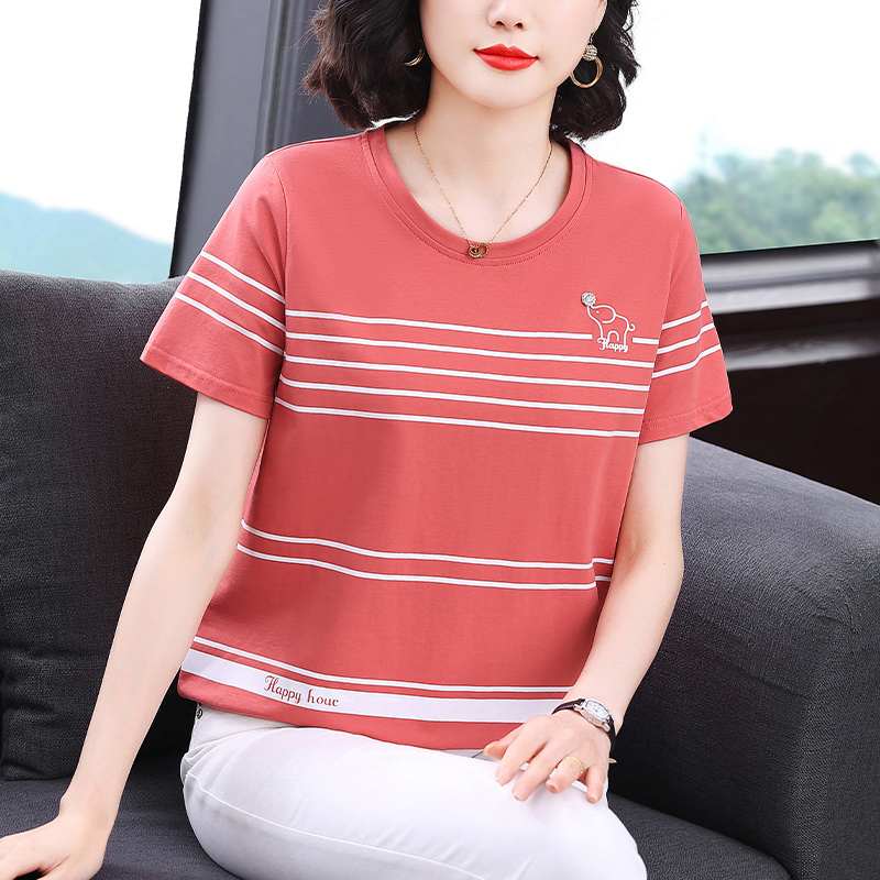 妈妈夏季圆领条纹短袖T恤女2025新款中年女士宽松洋气纯棉半袖衫