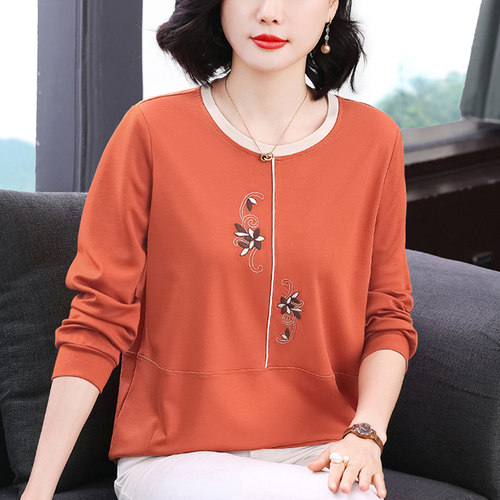 妈妈秋季刺绣时尚长袖T恤衫2025新款中年女装拼接休闲上衣打底衫