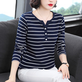 t恤女v领上衣中老年女装 妈妈秋季 2025新款 纯棉长袖 条纹内搭打底衫