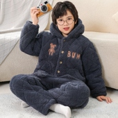 儿童睡衣冬季 加厚款 男童珊瑚绒中大童加绒保暖法兰绒三层夹棉带帽