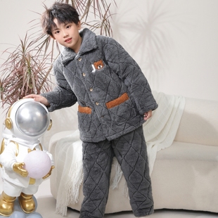 御寒 2025新款 男童睡衣冬季 加厚三层夹棉儿童珊瑚绒中大童男孩厚款